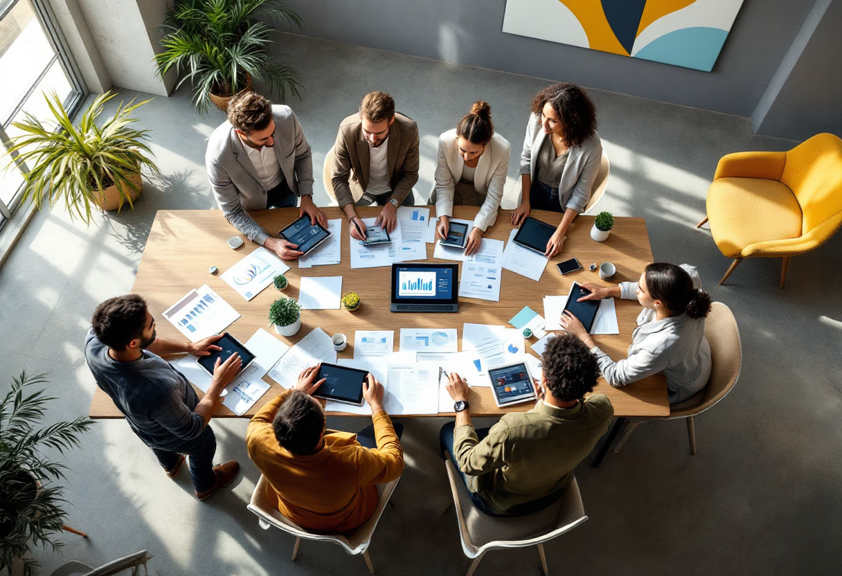 Team collaboration meeting with data analytics and strategic planning