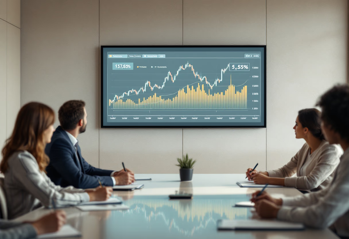 Business meeting with financial analytics dashboard and data visualization