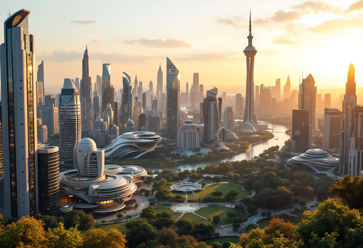 Futuristic smart city skyline with advanced technology and sustainable architecture