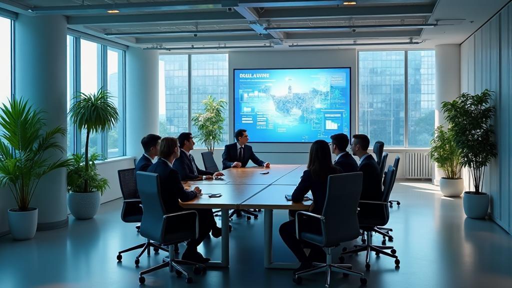 Modern office conference room with digital displays and collaborative workspace